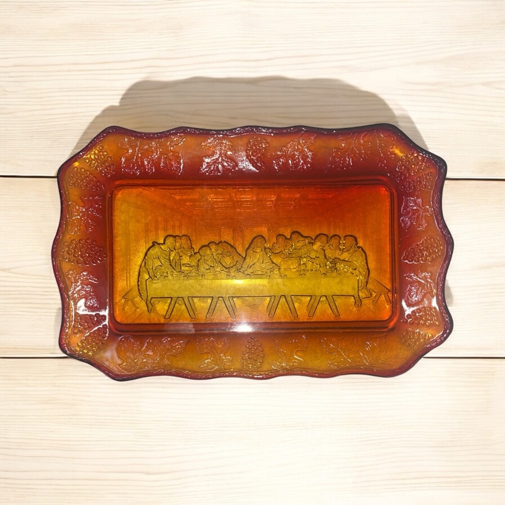 Indiana Glass Amber Rectangular Platter Last Supper